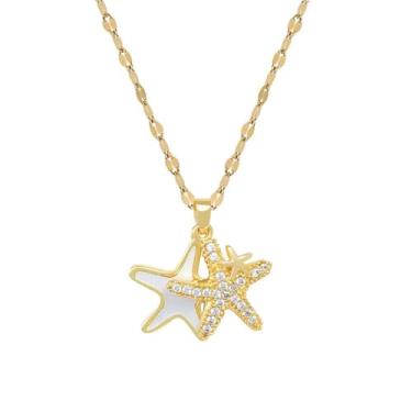 Imagem de Colar feminino com pingente de estrela do mar de zircônia cúbica banhada a ouro 14 quilates, moderno, estrela, concha, pérola, oceano, mar, vida marinha, pingentes de elos ajustáveis, joias de festa