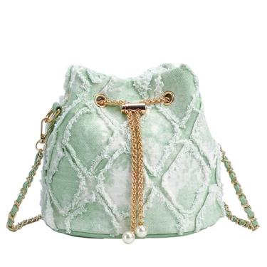 Imagem de Extolove Bolsa jeans feminina acolchoada com cordão, bolsa Hobo, bolsa tiracolo, Verde e branco