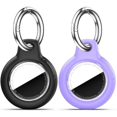 Imagem de Pacote com 2 Airtags de suporte à prova d'água com chaveiro Apple AirTag, capa rígida para PC AirTag, suporte antiarranhões e choques, chaveiros e chaveiros masculinos femininos - preto + roxo