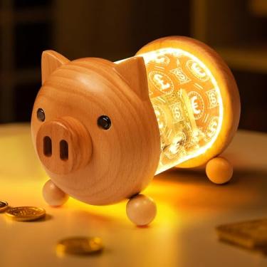 Imagem de Ammonite Cofrinho brilhante com luzes LED, pote de poupança de moedas de acrílico de madeira de grande capacidade comporta mais de 1000 moedas, caixa de dinheiro moderna de fácil acesso para crianças