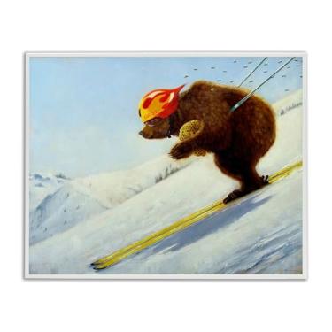 Imagem de Stupell Industries Design de arte giclée emoldurado branco The Heist Skiing Bear por Lucia Heffernan, 40 x 50 cm