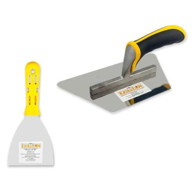 Imagem de Espátula 10,16cm + Desempenadeira Trapézio 23,5X13 Rígido Evolution Cimento Queimado Massa Corrida Acabamento Profissional Kit
