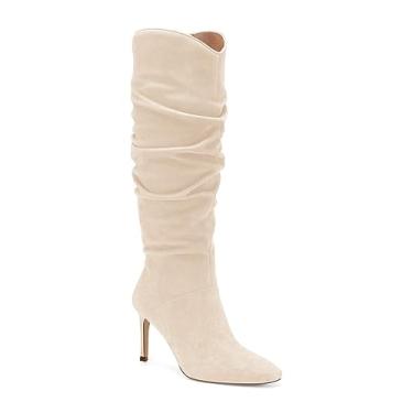 Imagem de Coutgo Botas femininas de cano alto de camurça sintética bico amêndoa salto alto stiletto bota lateral com zíper lateral, Bege, 6.5
