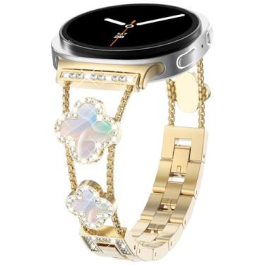 Imagem de WINGLE Pulseira brilhante para Galaxy Watch 8 de 40 mm e 44 mm para Samsung Galaxy Watch 8 Classic de 46 mm, trevo de quatro/4 folhas, pulseira feminina com diamantes brilhantes Galaxy Watch8, ouro