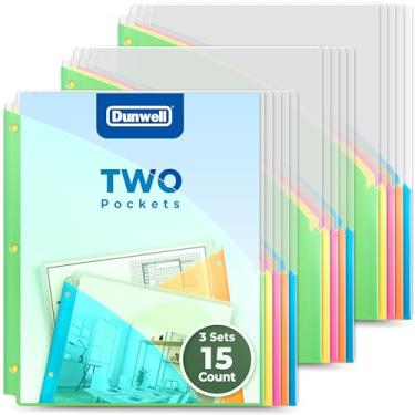 Imagem de Dunwell Divisórias de plástico com bolsos de dois lados (3 conjuntos, 15 pastas), 5 cores brilhantes, jaquetas de arquivo, jaquetas de pasta de arquivo de 3 furos, poliéster livre de ácido resistente