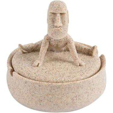 Imagem de Cinzeiro Moai com tampa - 8,5 cm à prova de vento ao ar livre para pátio e mesa, uso interno sem fumaça, linda estátua de resina presente para fumantes