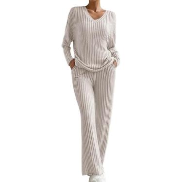 Imagem de Terno De Malha Feminino De Duas Peças, Terno De Lazer, Terno De Calças Com Decote Em V, Calças Retas De Jumper De Malha Com Nervuras De Manga Comprida, Terno Esportivo De Malha, beige, S