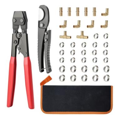 Imagem de Solimeta Kit de ferramentas de braçadeira PEX - Ferramenta de grampo de 9,5 cm a 2,5 cm, cortador de tubos, 12 conexões PEX de latão (5 acoplamentos, 5 cotovelos, 2 dentes), 20 x 1/5.1 cm + 10 x 3