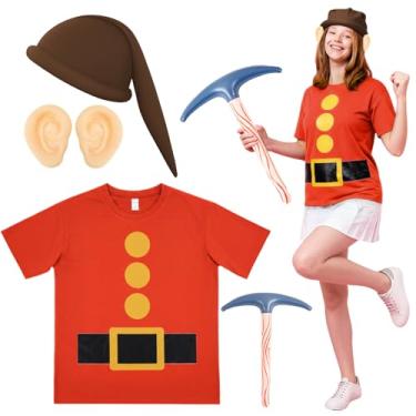 Imagem de Chicingyou Conjunto de fantasia de anão de Halloween, camiseta de anão, chapéu de gnomo, orelhas falsas, picareta para festa, cosplay, acessórios de fantasia de gnomo, marrom, laranja, Large