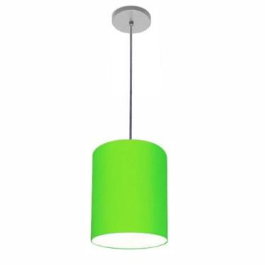 Imagem de Lustre Luminária Pendente Vivare Free Lux Pe-4103cz Cúpula Em Tecido 15x20cm Verde-limão Canopla Cinza E Fio Cristal