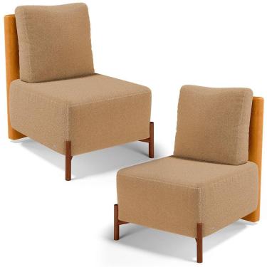Imagem de Kit 02 Poltronas Decorativas Sala de Estar Living Pés Madeira Hungria L02 Couríssimo Whisky Bouclê Mostarda - Lyam