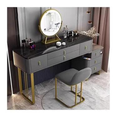 Imagem de Escrivaninha de penteadeira Toucador moderno, toucador de maquilhagem com espelho e gavetas espaçosas, armário, banco(Dark gray,Médio)