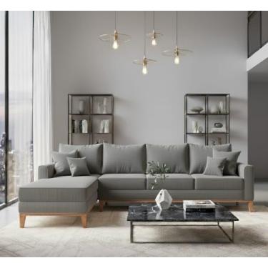 Imagem de Sofá Beny com Chaise Esquerda, 1,40x2,60m, 4 Lugares, Linho, Base em Madeira. (Cinza)