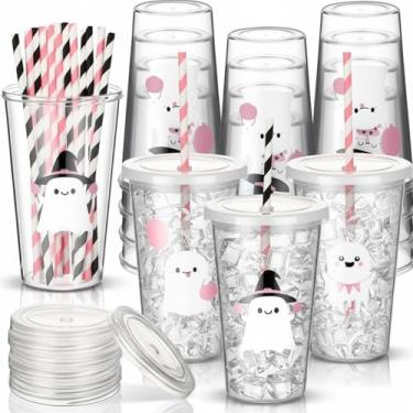 Imagem de Willinglong 12 peças de copos fantasmas de plástico de Halloween com canudo e tampa, lindos copos fantasmas rosa e branco para bebidas, decoração de Halloween, lembrancinhas de festa