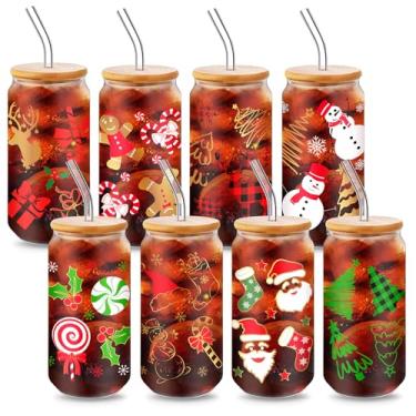 Imagem de Sliner 8 peças de copos de vidro de Natal com tampas e canudos, xícara de café de 510 g, presente para amantes de café, copo de vidro reutilizável com canudo e tampa, pote de vidro com tampa e canudo copos para coquetel de água