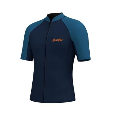 Imagem de GoldFin Camisa masculina de neoprene de manga curta, com zíper frontal de 2 mm, camisa de natação em água fria, mergulho, surfe, snorkeling, azul marinho, pequena