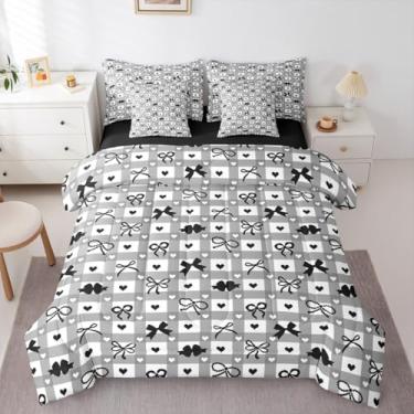 Imagem de Erosebridal Jogo de cama solteiro com laço preto fofo de princesa negra, 7 peças, com nó de laço geométrico, para crianças, meninas, mulheres, moderno, com lençol de cima