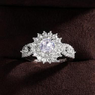 Imagem de Anéis de noivado luxuosos banhados a ouro branco com zircônia cúbica redonda, anéis de compromisso, festas noturnas, presentes de dia dos namorados, alianças de eternidade para mulheres, 9, Cobre, Sem