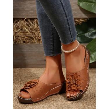 Imagem de Sandália feminina elegante de verão ortopédica deslizante feminina leve e grossa com suporte de arco para fascite plantar confortável, marrom/flor, 35