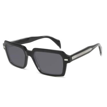 Imagem de HCHES Óculos de sol retangulares masculinos artesanais de acetato com rebite feminino UV400 (preto cinza)