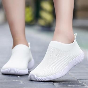 Imagem de Tênis feminino sem cadarço, confortável, respirável, para treino, tênis de corrida antiderrapante, cabedal de malha, Branco, 9-9.5