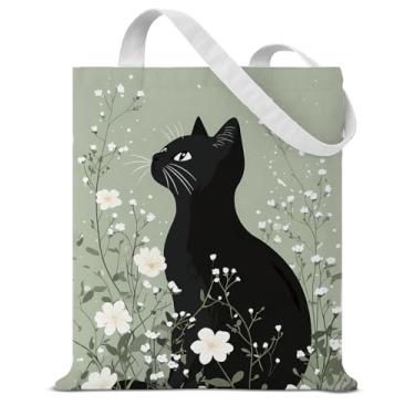 Imagem de Sacola de lona estética de gato floral para mulheres, gatos, flores brancas, reutilizável, bolsa de ombro para compras, trabalho, viagem, dono de animal de estimação