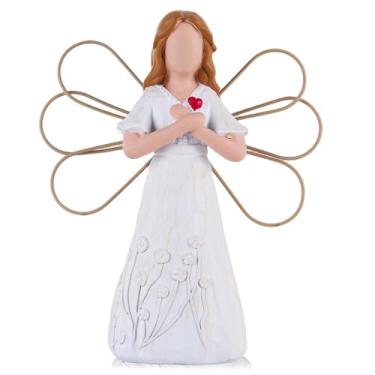 Imagem de XMGZQ Estátua de anjo da guarda, estatuetas de anjo de cura para mulheres, presentes de simpatia pela perda do ente querido, estátua de anjo de resina segurando um coração ou cruz para decoração de