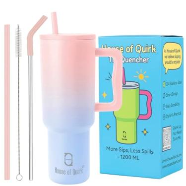 Imagem de House of Quirk Copo de aço inoxidável 1200 ml, quente e frio, com alça e tampa, 2 canudos, copo com isolamento duplo 100% à prova de vazamento para academia, viagens (névoa de algodão doce), grande