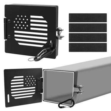 Imagem de Pacote com 2 tampas de alumínio para trailers com bandeira americana, serve para para-choques quadrados padrão de 10 cm, tampa de armazenamento de mangueira de esgoto com orifícios de ventilação sem