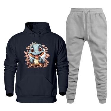 Imagem de Conjunto Plus Size Moletom Masculino Numeraçao Especial Estampa Dinossauro Blusa Canguru e Calça