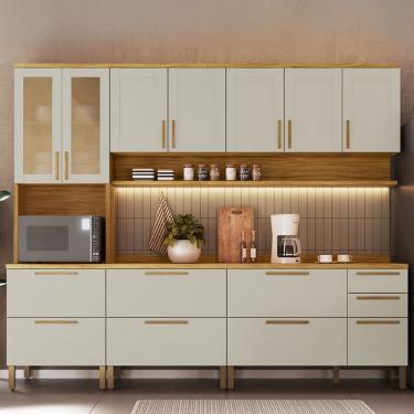 Imagem de Armário de Cozinha Americana com Balcão e Tampo 13 Portas 3 Gavetas Texas 100% Mdf com Vidro Reflecta Amêndoa/Off White - Pnr Móveis