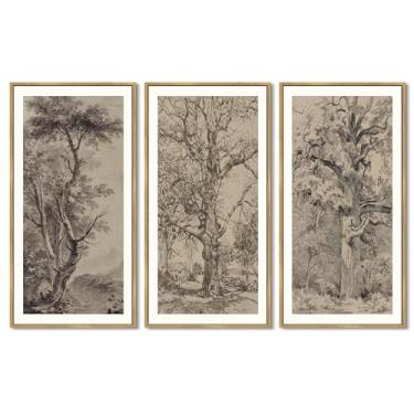 Imagem de KUVIOKE Grande 30 x 61 cm vintage esboço árvores desenhos fazenda rústica moldura arte de parede para sala de estar quarto pronto para pendurar moldura natural