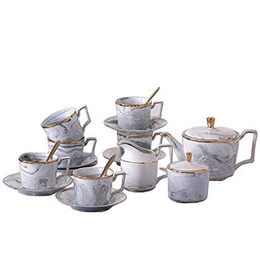 Imagem de Conjunto de chá de porcelana com 15 peças, conjunto de chávenas de café e pires, conjunto de 6 chás de casamento com tigela, jarro de leite, jarra de creme, colheres