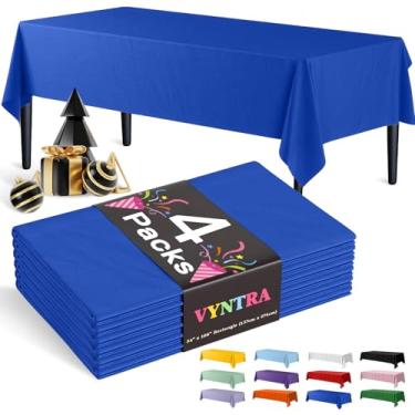 Imagem de Vyntra Toalhas de mesa descartáveis de plástico azul marinho 137 x 262 cm, pacote com 4 – capas de mesa de festa para aniversário, casamento, formatura e chá de bebê – impermeável, à prova de