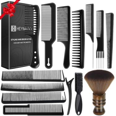 Imagem de HEYMKGO Pente de barbeiro, conjunto de 14 pentes para corte de cabelo, pente de dentes finos e largos para salão profissional, escova de barbeiro, escova de espanador, grampos de cabelo, pentes de