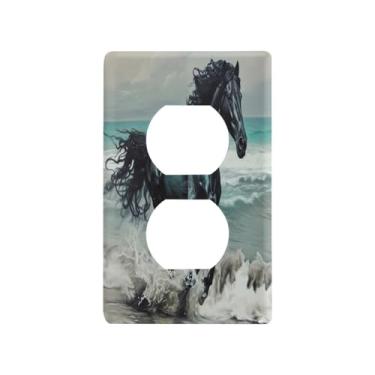 Imagem de Blueangle Placa de parede de tomada duplex de cavalo marrom escuro, tamanho padrão, placas de cobertura de tomada elétrica de 1 gangue para decoração de quarto de escritório em casa, 4,53 x 2,76