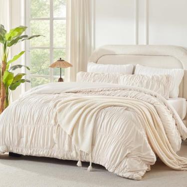 Imagem de Andency Conjunto de edredom queen extragrande, bege, plissado, leve, macio, para meninas, mulheres, todas as estações