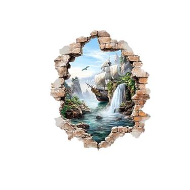 Imagem de MaiKeAYang Decalques de parede 3D murais removíveis vinil paredes decorações rio veleiro cachoeira para sala de estar quartos de bebê quarto banheiro casa parede decoração DIY