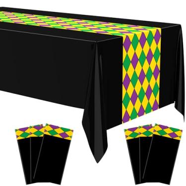 Imagem de Cholemy Toalha de mesa de carnaval de carnaval 137 x 272 cm, decoração de festa de carnaval, plástico, descartável, baile de máscaras, artigos de cozinha e decoração (preta, 6 peças)