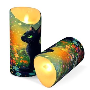 Imagem de ATTX Pacote com 2 velas sem chama de gato preto – Velas de pilar LED de 7,6 cm x 9,9 cm com controle remoto e temporizador para casa, casamento, decoração de acampamento #320