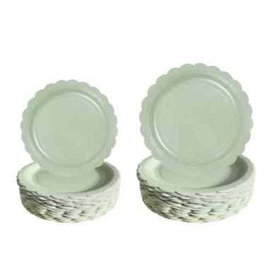 Imagem de 100 peças de pratos de papel recortado, pratos de papel verde sálvia de 17 e 23 cm, prato de sobremesa descartável resistente premium para casamento, dia dos namorados, aniversário, chás de bebê
