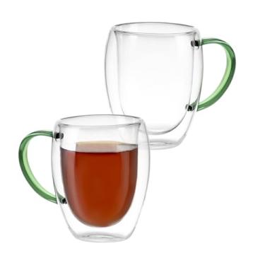 Imagem de Conjunto de 2 Xícaras de Vidro Borossilicato com Parede Dupla, Alça Verde, 350ml, Para Chá e Café