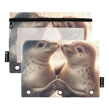 Imagem de GAIGEO Pasta de lápis com 3 anéis de desenho animado, animais fofos, selo, mate, fichário, lápis, bolsas escolares transparentes, bolsos, caneta, 25 x 18 cm, 2 pacotes