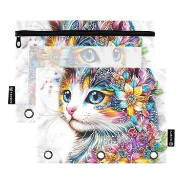 Imagem de Bolsa de lápis rosa para fichário de 3 anéis, bolsa de lápis de caneta floral colorida com zíper, fichários escolares, bolsos transparentes, pastel, 25 x 18 cm, 2 pacotes