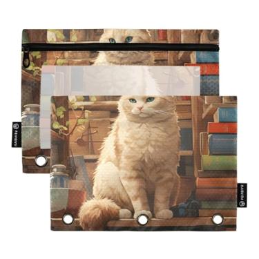 Imagem de GAIGEO Pasta de lápis colorida com 3 anéis, vintage, arte de gato, fichário, fichário escolar, bolsos transparentes, fofos, 25 x 18 cm, 2 pacotes