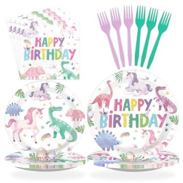 Imagem de 96 peças de decoração de festa de aniversário de unicórnio de dinossauro conjunto de pratos e guardanapos de aniversário arco-íris dino decoração para meninas princesa mágica rosa pastel arco-íris