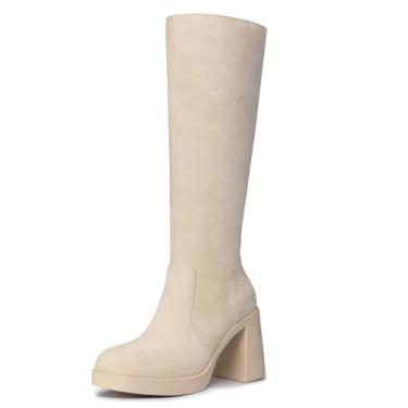 Imagem de Athlefit Botas pretas na altura do joelho para mulheres, plataforma, botas altas modernas, bico quadrado, botas de salto grosso, Camurça bege, 40