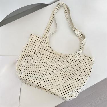 Imagem de Bolsa feminina de lona de bolinhas, bolsa de ombro de grande capacidade para trabalho e deslocamento, Bege, Bolsa de mão