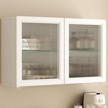 Imagem de Armário de remédios de madeira branca com porta de vidro - Solução de armazenamento de parede para cozinha e banheiro, organizador sobre o banheiro, alça oculta, suporte de exibição suspenso elegante.