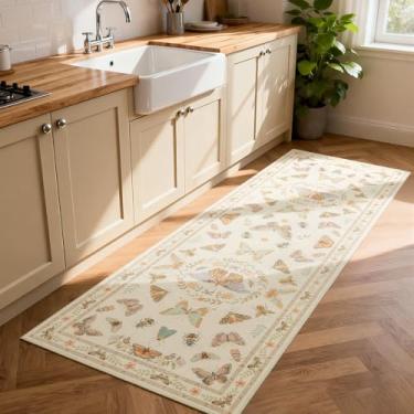 Imagem de Unirea Tapete de corrida creme, 5 x 15 cm, tapete botânico lavável antiderrapante para corredor, cozinha, banheiro, lavanderia, entrada, quarto, tapete de porta boho macio, tapete de entrada interna